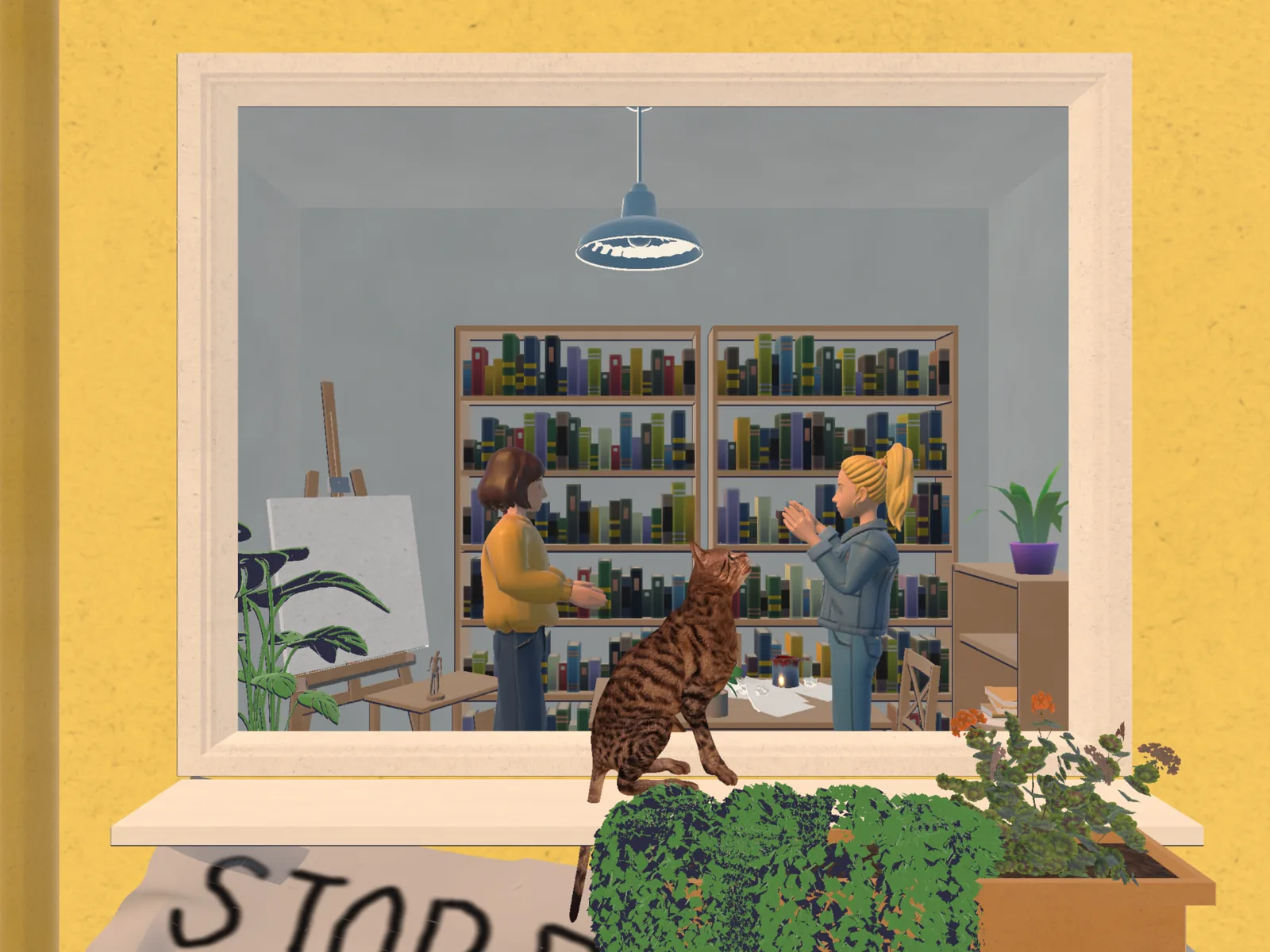 Two characters in a book-lined room, one of the nine interior vignettes