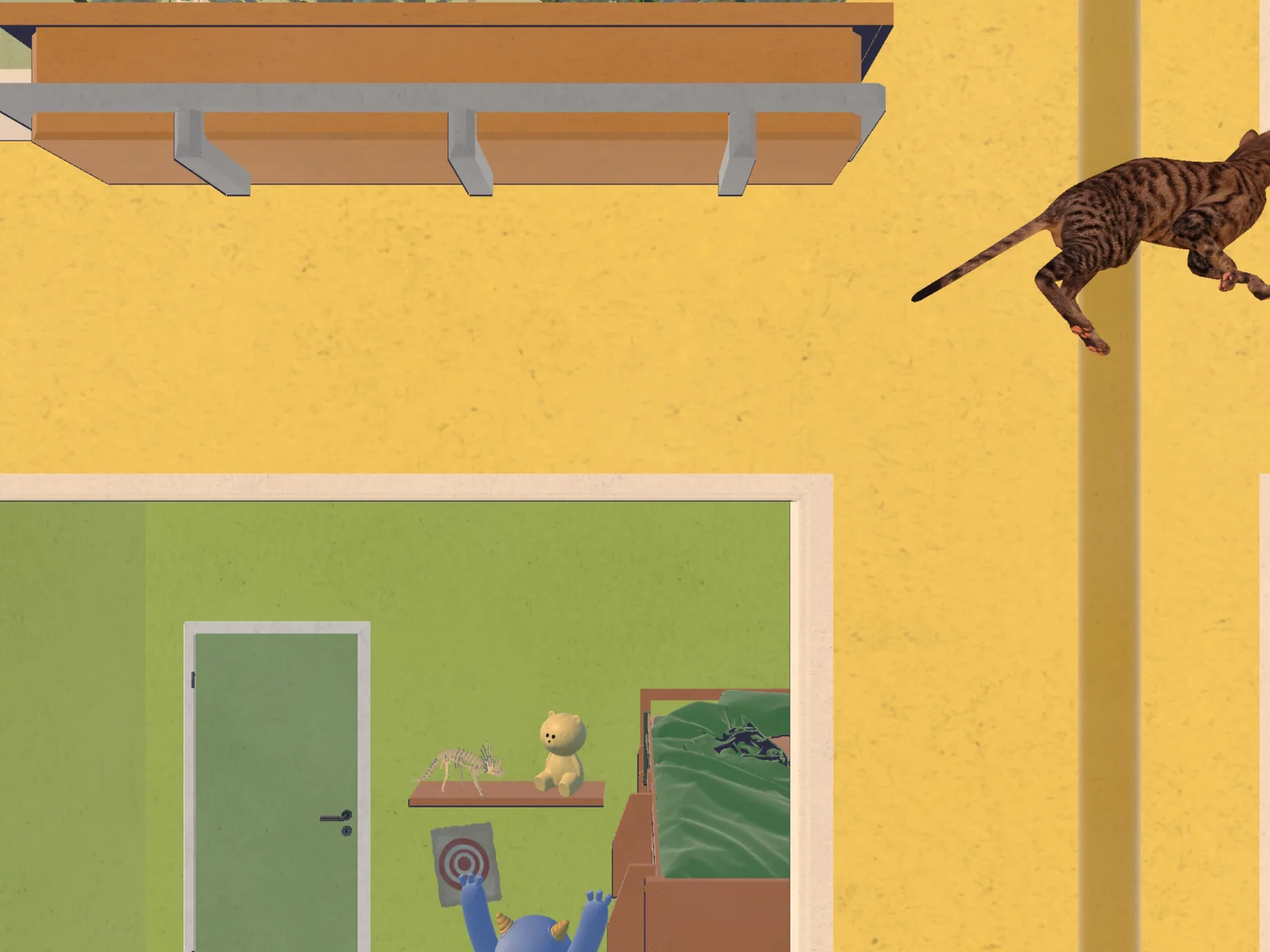 The cat leaping between windows across the lit facade during the screensaver state