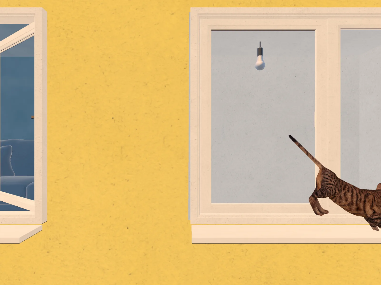 The cat leaping past a lit window during the screensaver state