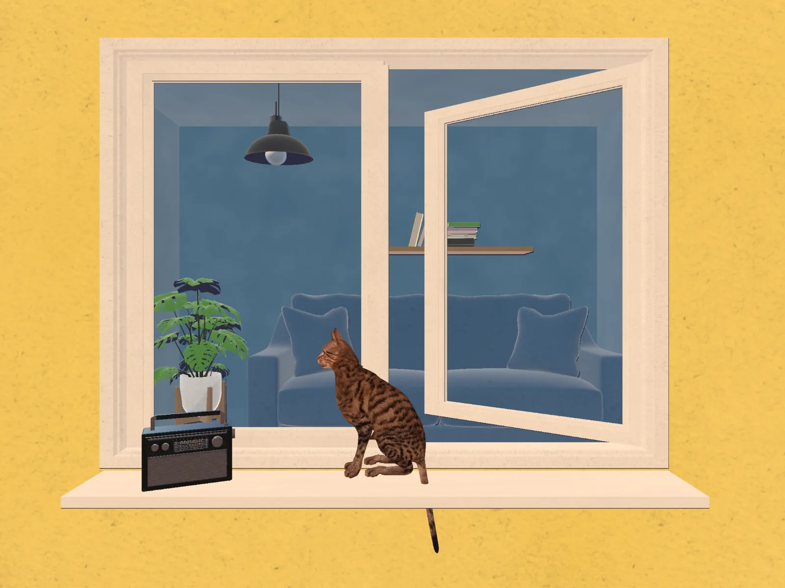 Cat sitting on a windowsill above a radio and a potted plant, in a softly lit living room