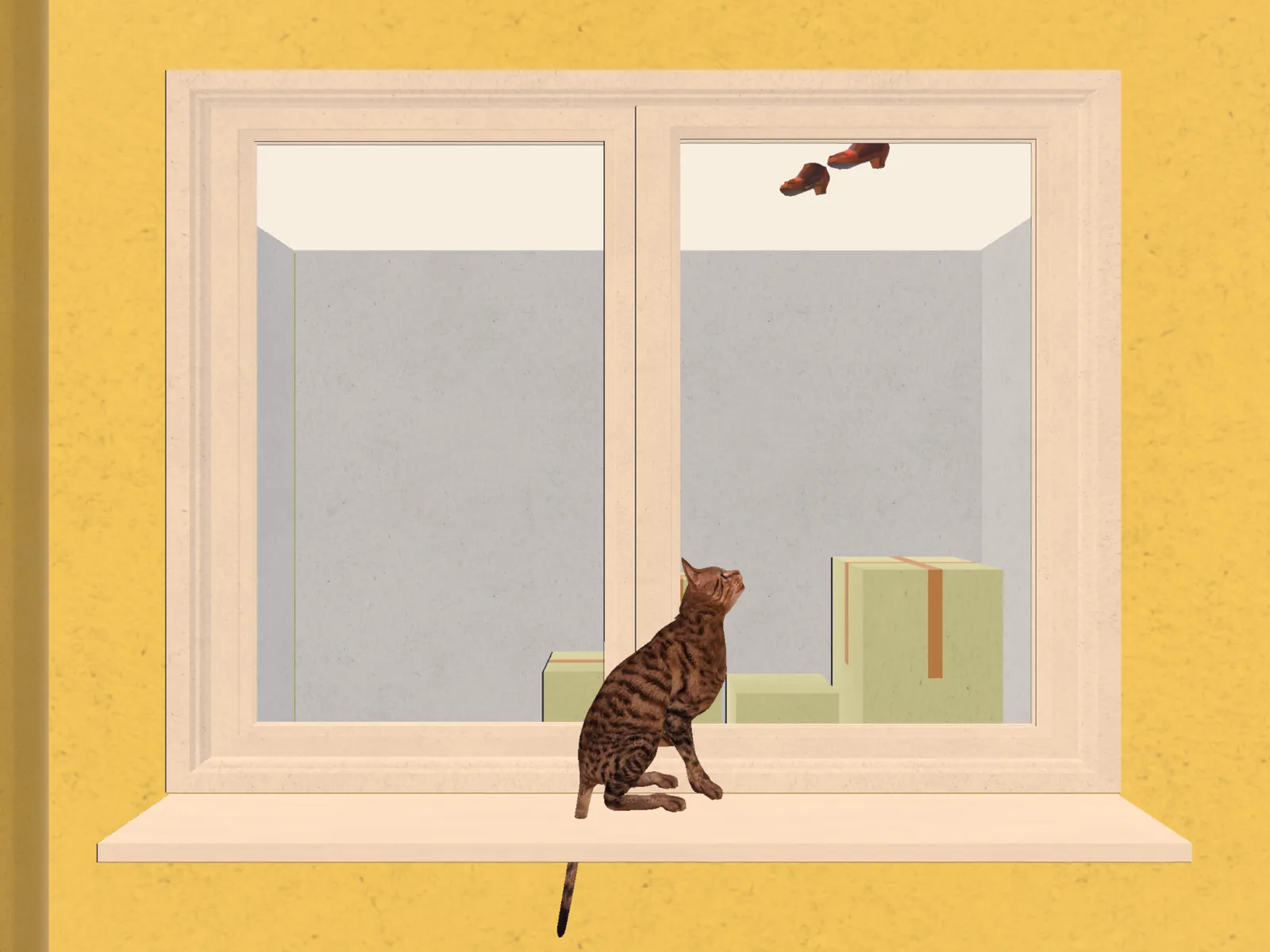 A room emptied out with moving boxes and a pair of shoes mid-air, during the dissolving state