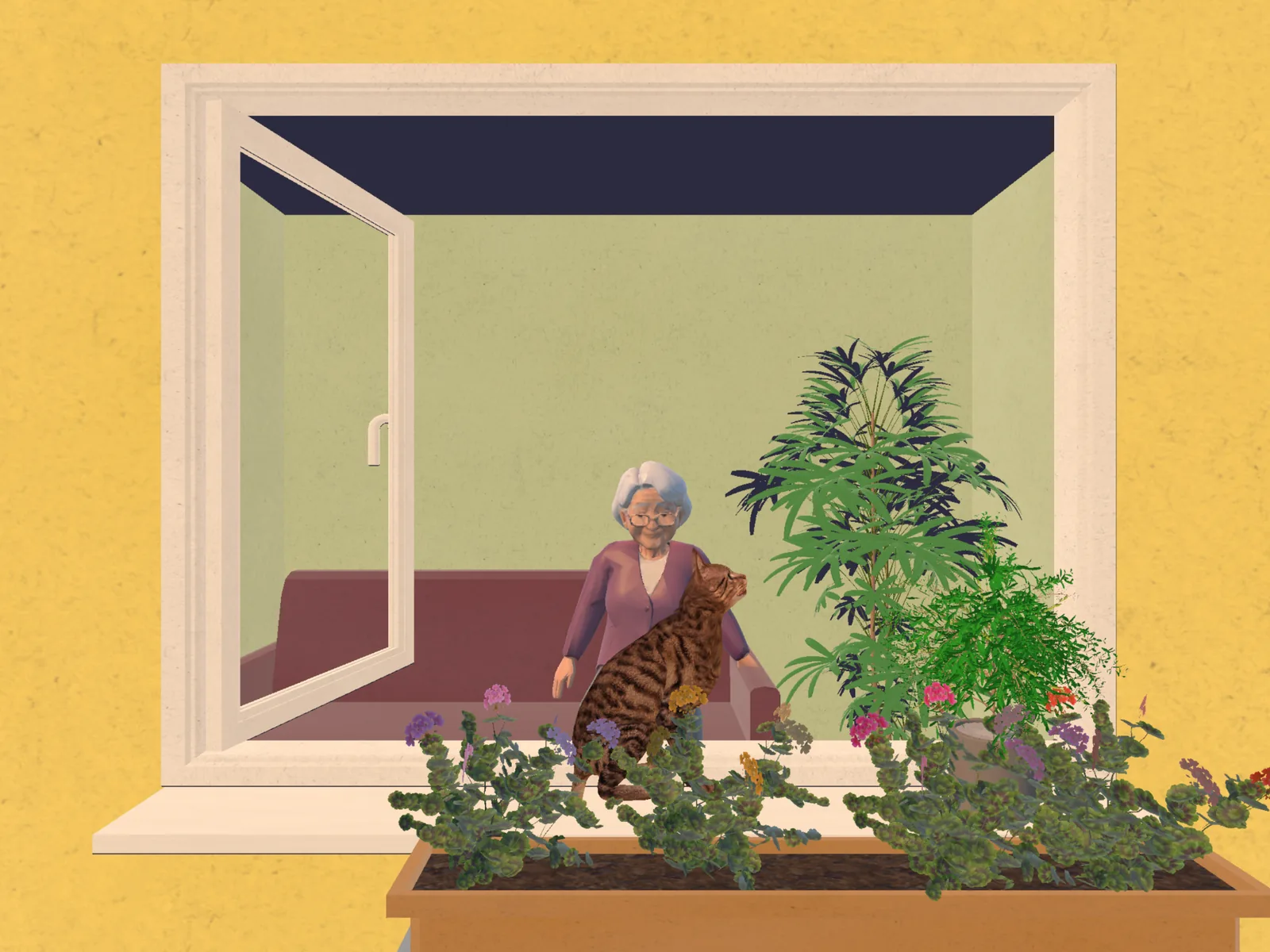 OldWoman character picking up the cat during a phone call in one of the lit rooms
