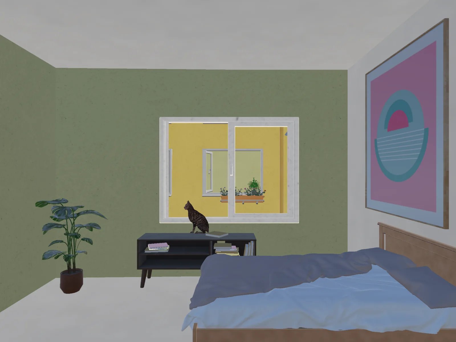 The viewer's own room, a cat on a nightstand looking out at the yellow building across the street